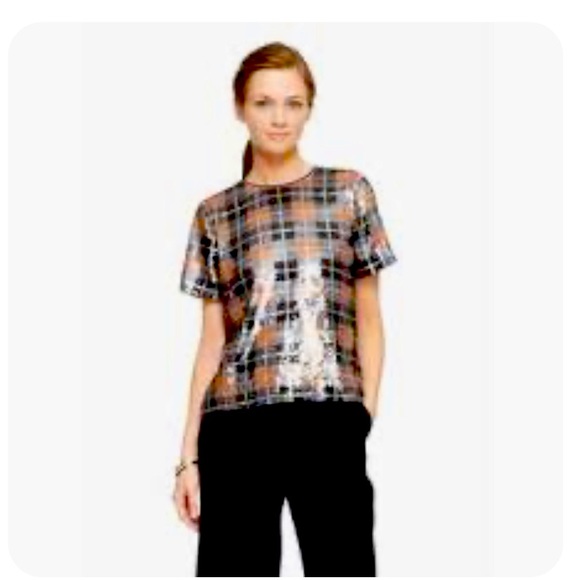 Kate Spade Sequin Embellished Plaid Short Sleeve Black Multi Crew Neck Top - 4 - Picture 2 of 7